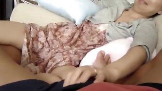 Chinese Wife playing footsie showing wet crack