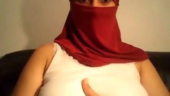 Hijab wearing girl flashes tits, ass and pussy
