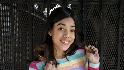Beautiful teen Harmony Wonder displays her cute tits & flashes her coochie