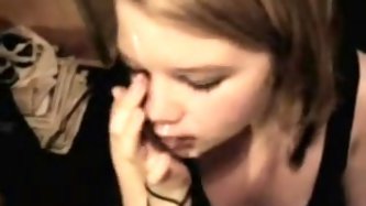 British legal age teenager cutie on her knees taking faceful of cream