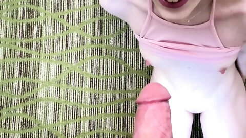 This petite redhead teen with perfect tiny tits sucks cock