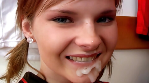 Thirsty young redhead swallows a lot after the man tears her young pussy apart